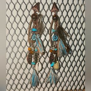 Bohemian Feather/Beaded Dangle Earrings - Turquoise and Brown